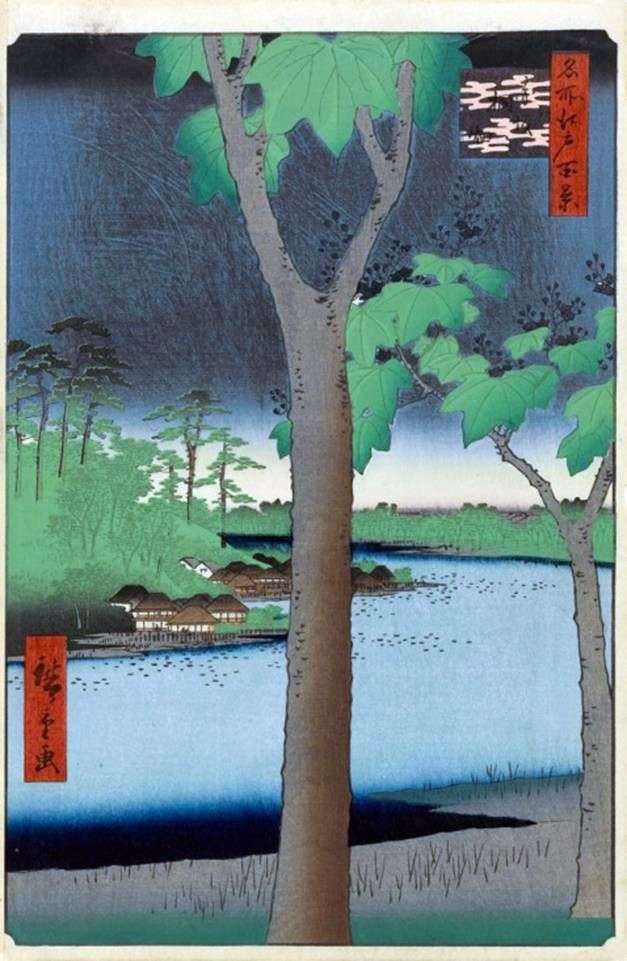 Описание картины Акасака, Плантация павловний   Утагава Хиросигэ