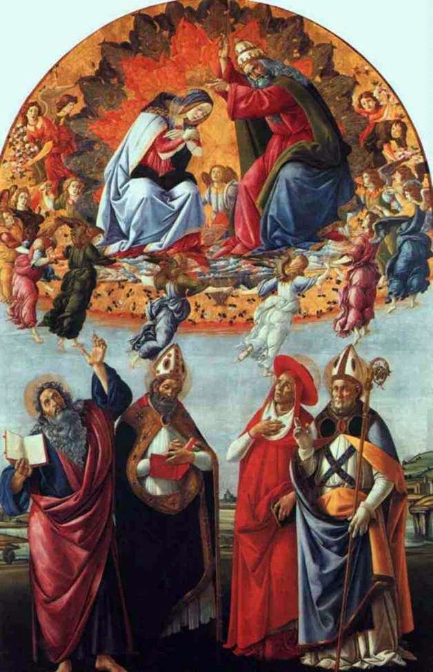 Описание картины Алтарь Сан Марко, или Коронование Марии с ангелами, Евангелистом Иоанном и Святыми Августином, Иеронимом и Элигием   Сандро Боттичелли