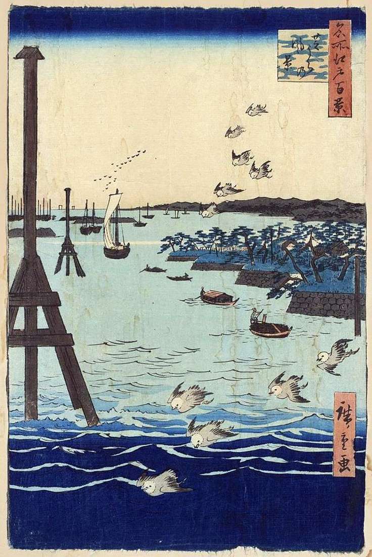 Описание картины Бухта в Сибаура. Картина, графика, японские мотивы, пейзажи   Утагава Хиросигэ