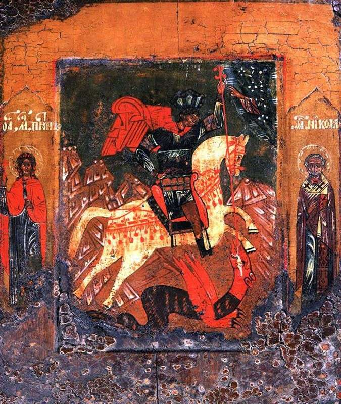 Описание картины Чудо святого Георгия о змие, с Параскевой пятницей и Николой Чудотворцем на полях