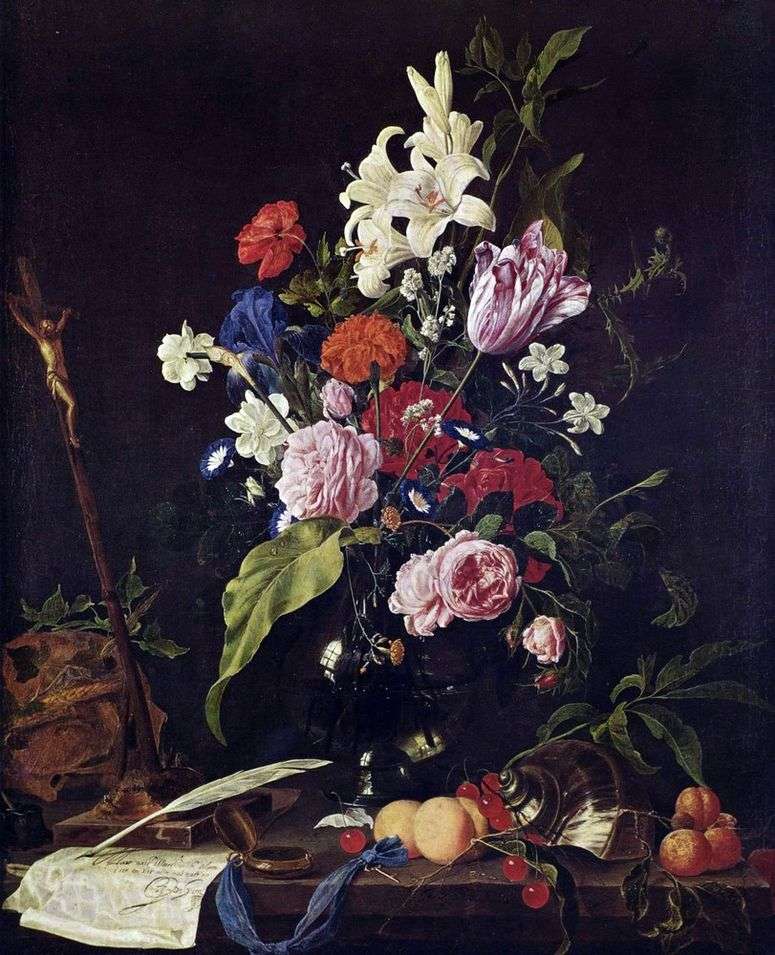 Описание картины Цветы в стеклянной вазе и фрукты   Ян Давидс де Хем