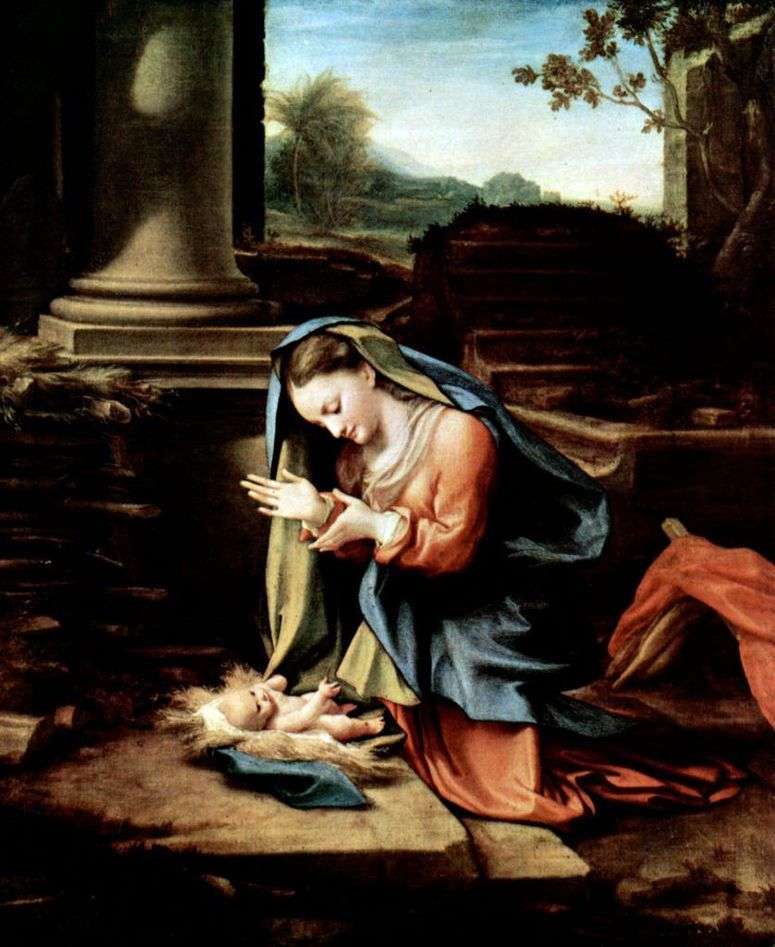 Описание картины Дева Мария, поклоняющаяся младенцу   Корреджо (Антонио Аллегри)