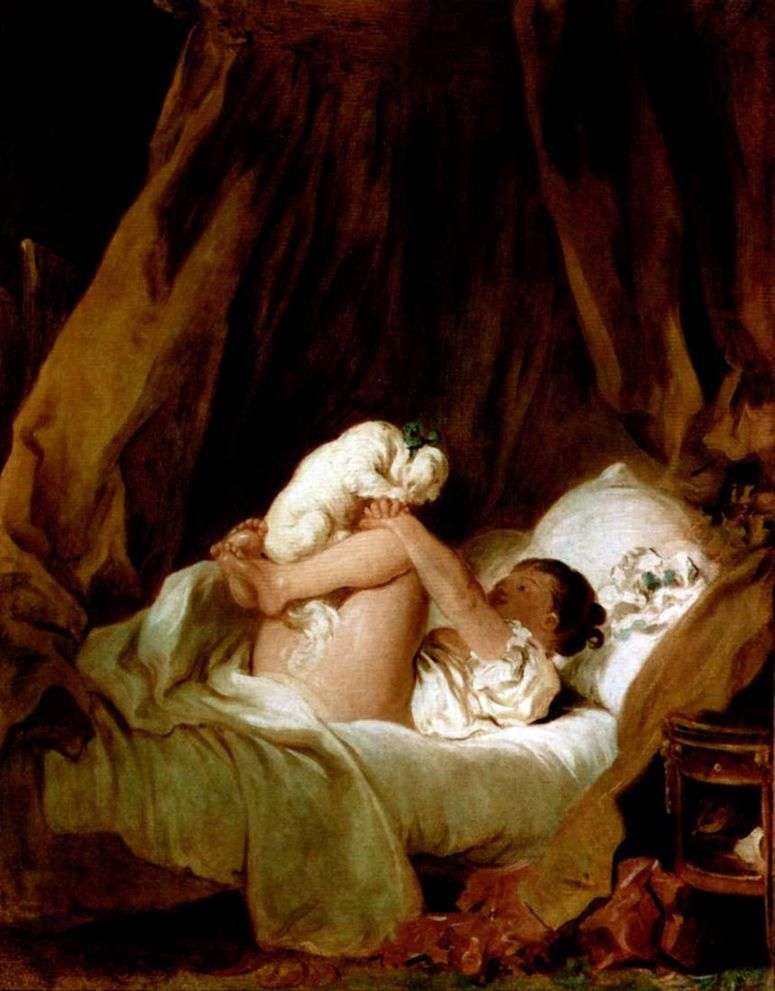 Описание картины Девочка в постели, играющая с собачкой   Жан Оноре Фрагонар