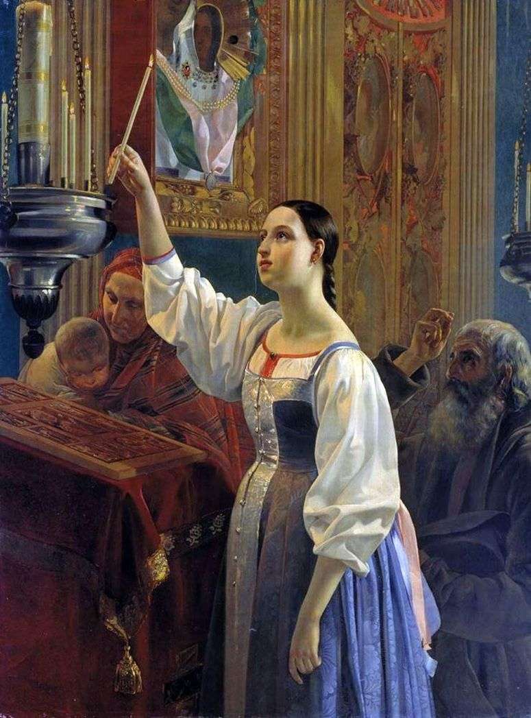 Описание картины Девушка, ставящая свечу перед образом   Григорий Михайлов
