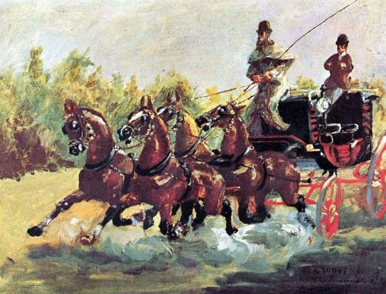 Описание картины Граф Альфонс де Тулуз Лотрек правит упряжкой из четырех лошадей   Анри де Тулуз Лотрек