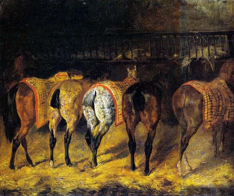 Описание картины Пять лошадей, повернутых крупом, в конюшне   Теодор Жерико