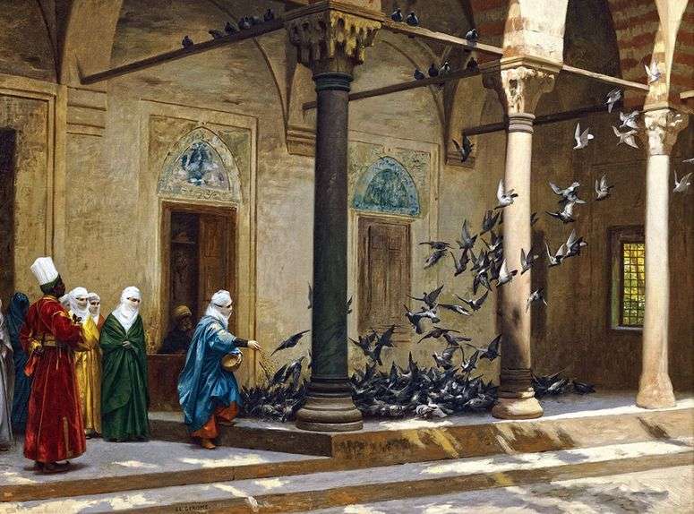 Описание картины Женщины гарема кормят голубей   Жан Леон Жероме