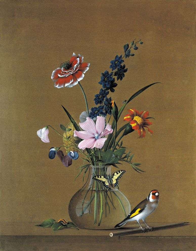Описание картины Букет цветов, бабочка и птичка   Федор Толстой