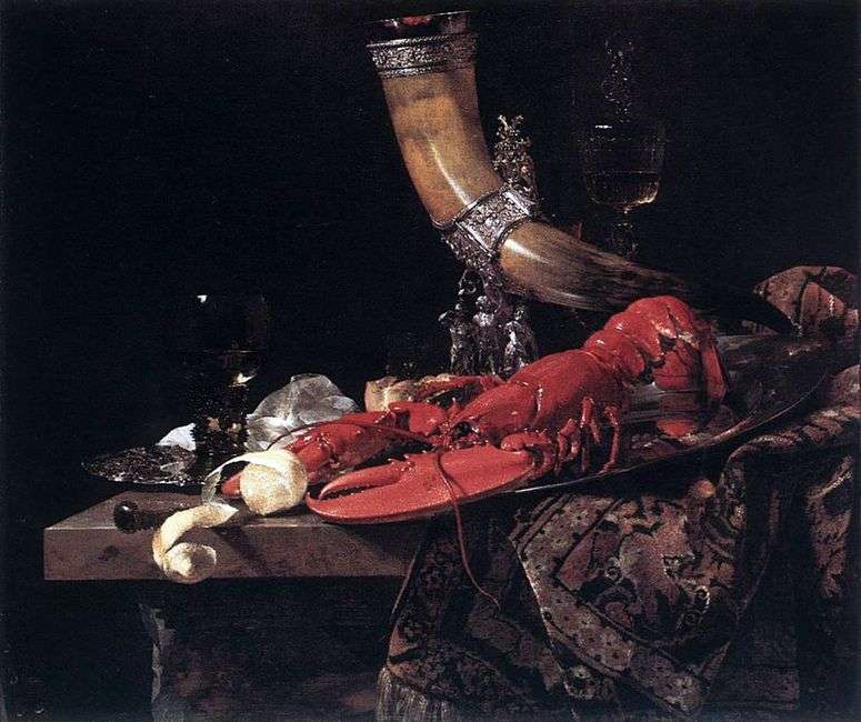 Описание картины Натюрморт с питьевым рогом   лобстером и бокалами   Виллем Кальф