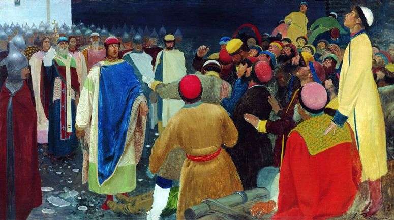 Описание картины Князь Глеб Святославович убивает волхва на Новгородском вече (Княжий суд)   Андрей Рябушкин