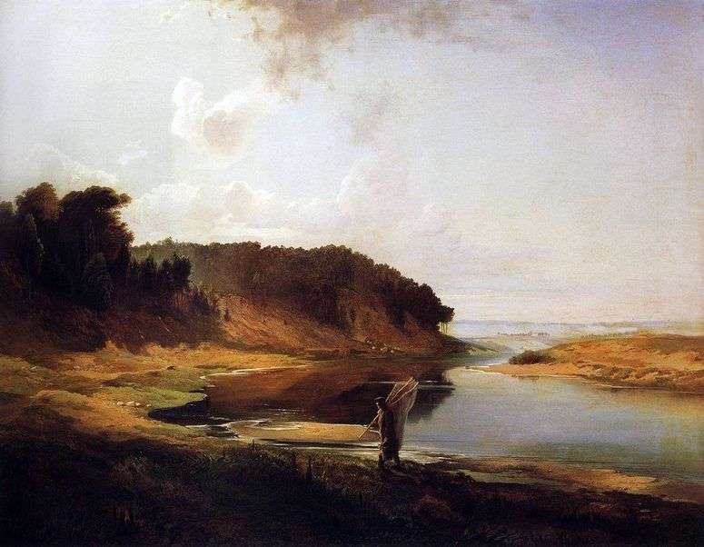 Описание картины Пейзаж с рекой и рыбаком   Алексей Саврасов