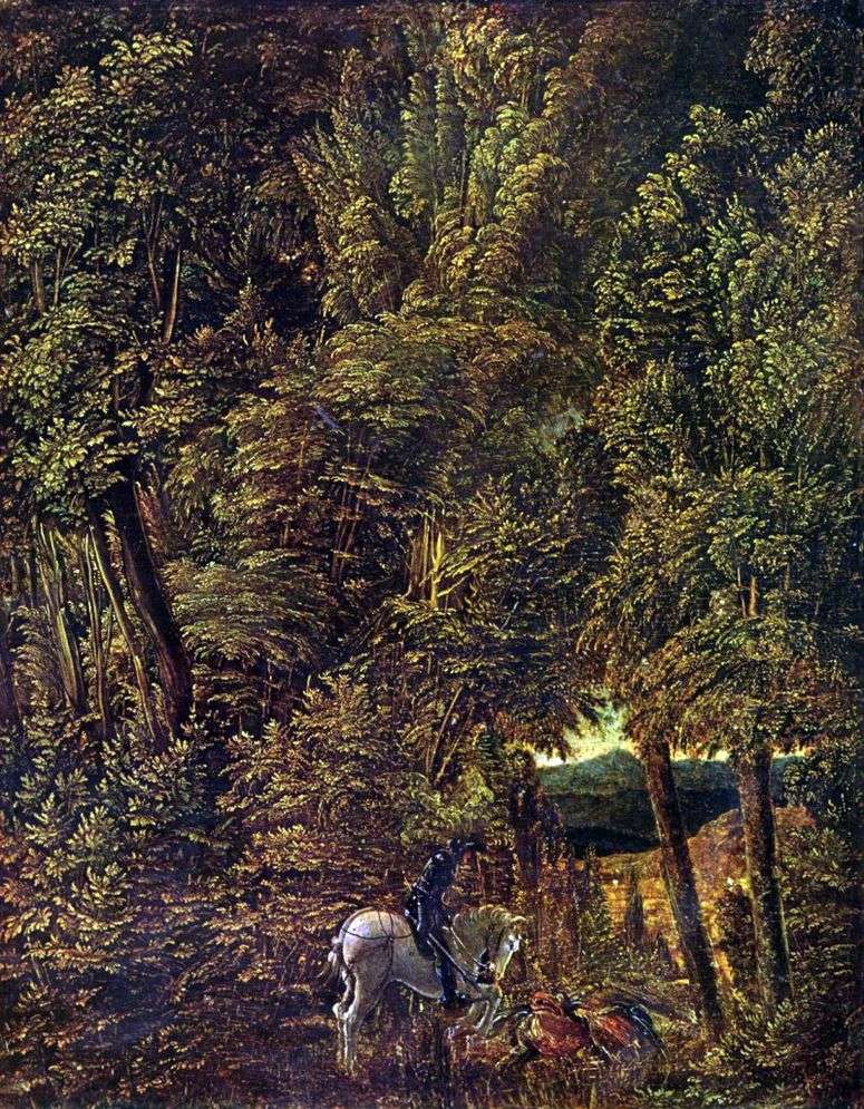 Описание картины Лесной пейзаж со св. Георгием, поражающим дракона   Альбрехт Альтдорфер