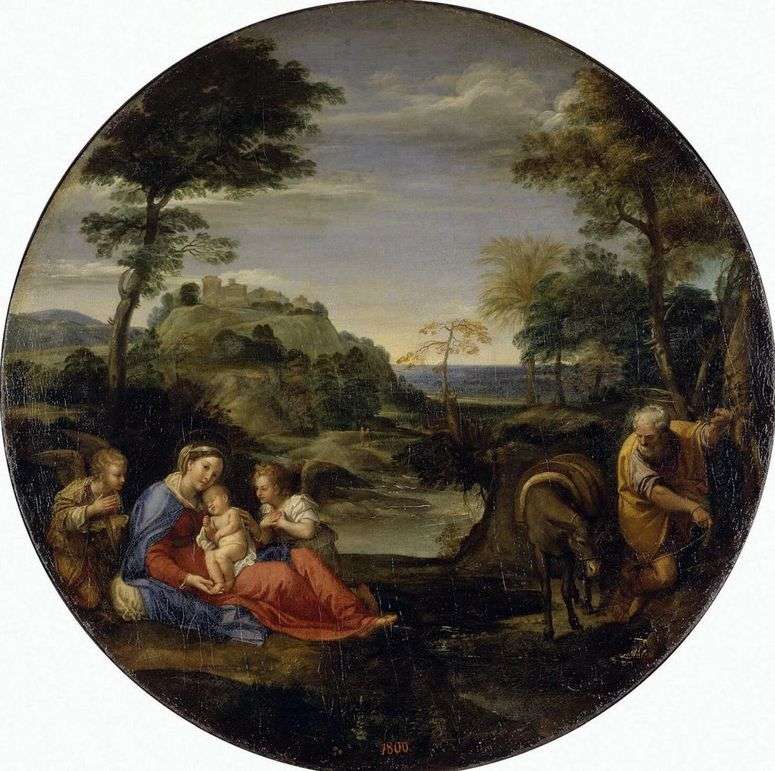 Описание картины Пейзаж со сценой отдыха Святого семейства на пути в Египет   Аннибале Карраччи