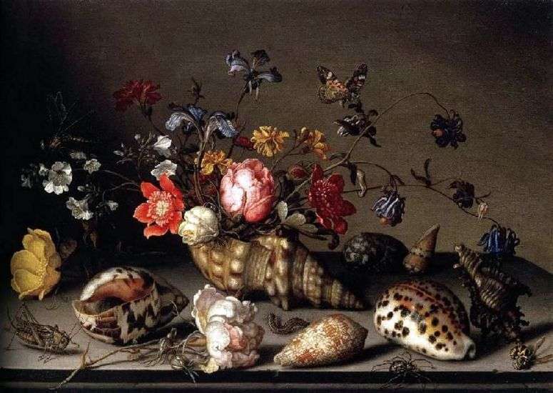 Описание картины Натюрморт: цветы, раковины, и насекомые   Балтазар ван дер Аст