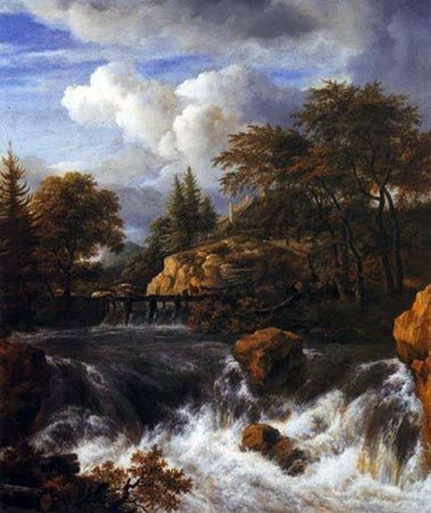 Описание картины Скалистый пейзаж с водопадом   Якоб ван Рейсдал