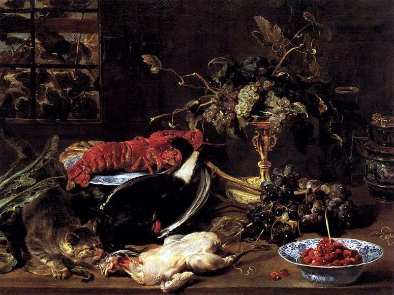 Описание картины Натюрморт с голодной кошкой, омаром и фруктами   Франс Снейдерс