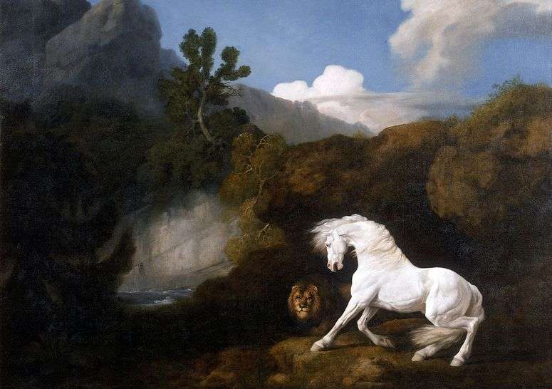 Описание картины Белая лошадь, напуганная львом   Джордж Стаббс