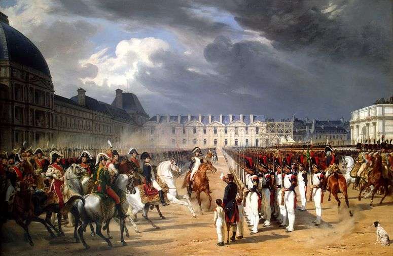 Описание картины Инвалид, подающий прошение Наполеону на параде гвардии перед дворцом Тюильри в Париже   Орас Верне