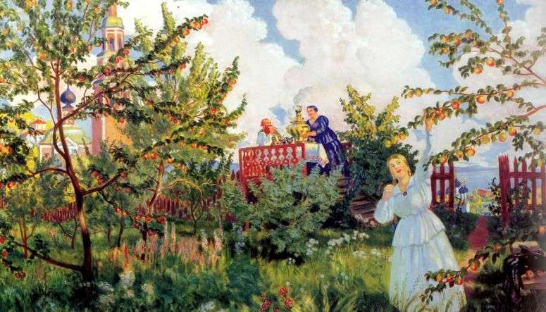 Описание картины Яблоневый сад   Борис Кустодиев