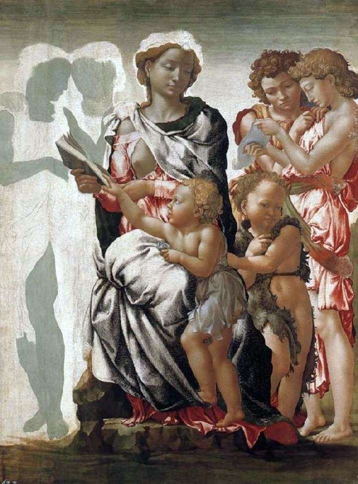Описание картины Мадонна с младенцем, Иоанн Креститель и ангелы   Микеланджело Буонарроти
