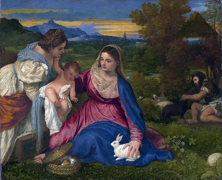 Описание картины Мадонна с младенцем со Св. Екатериной и кроликом   Тициан Вечеллио
