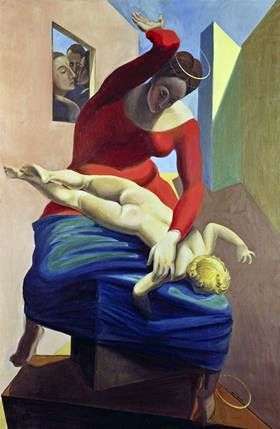 Описание картины Мадонна, шлепающая младенца Христа перед тремя свидетелями   Макс Эрнст