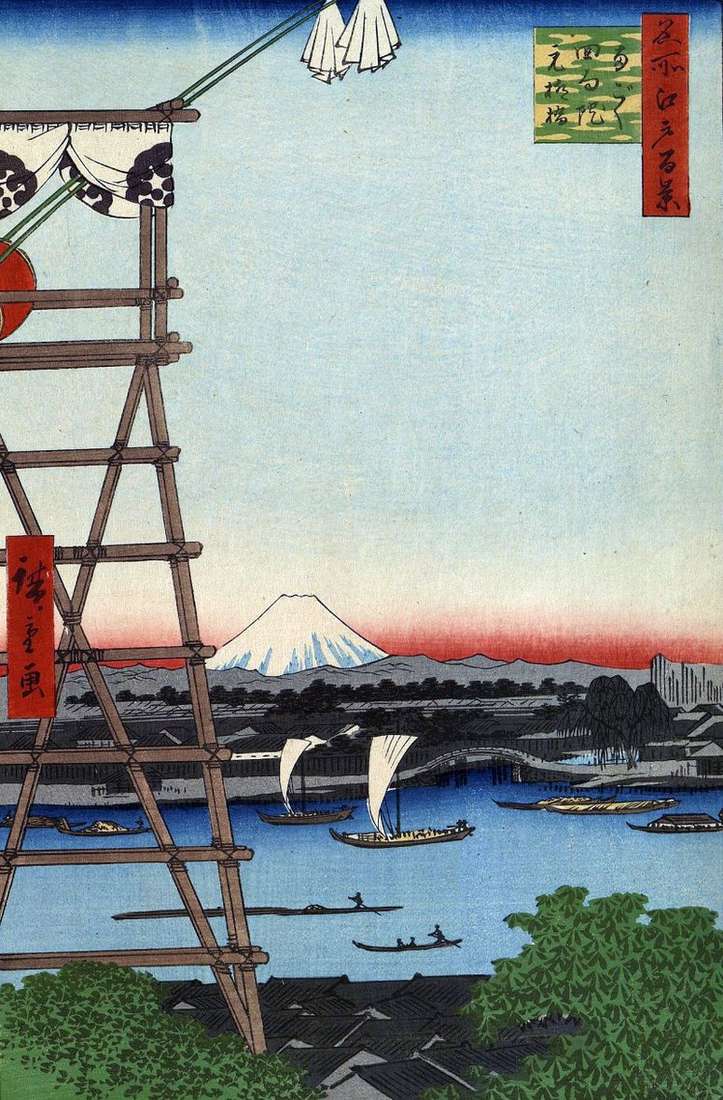 Описание картины Монастырь Экоин в Регоку и мост Мото Янагибаси   Утагава Хиросигэ