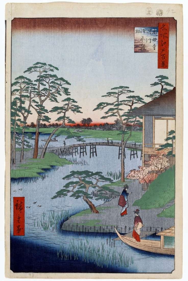 Описание картины Монастырь Мокубодзи, река Утигава и поля Годзэнсаихата   Утагава Хиросигэ