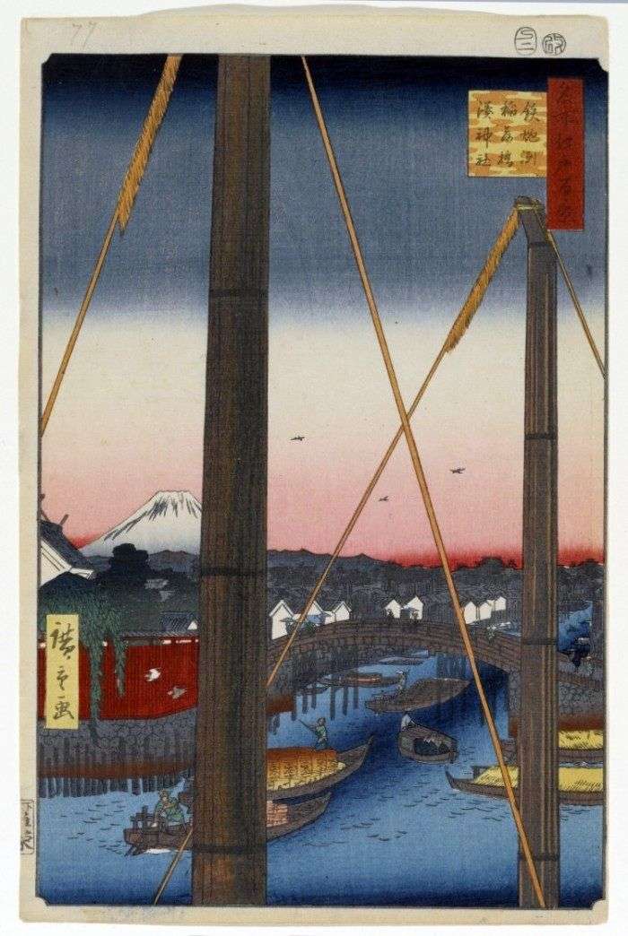 Описание картины Мост Инари баси в Тэпподзу, святилище Минато дзиндзя   Утагава Хиросигэ