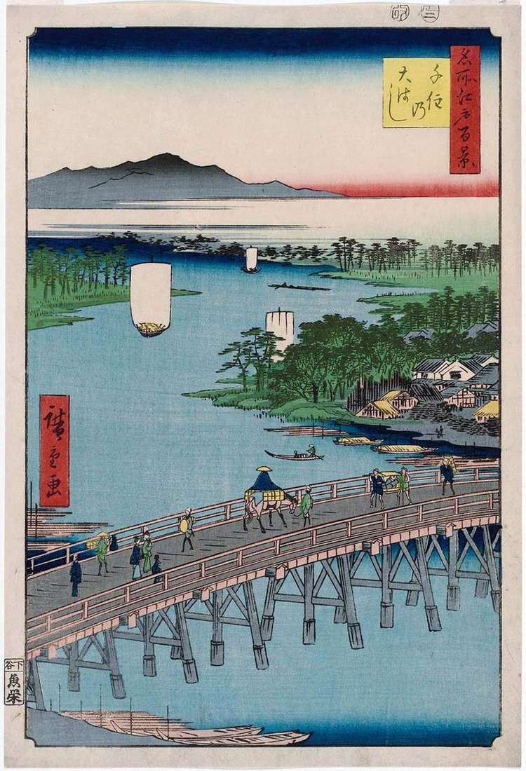 Описание картины Мост Охаси в Сэндзю   Утагава Хиросигэ