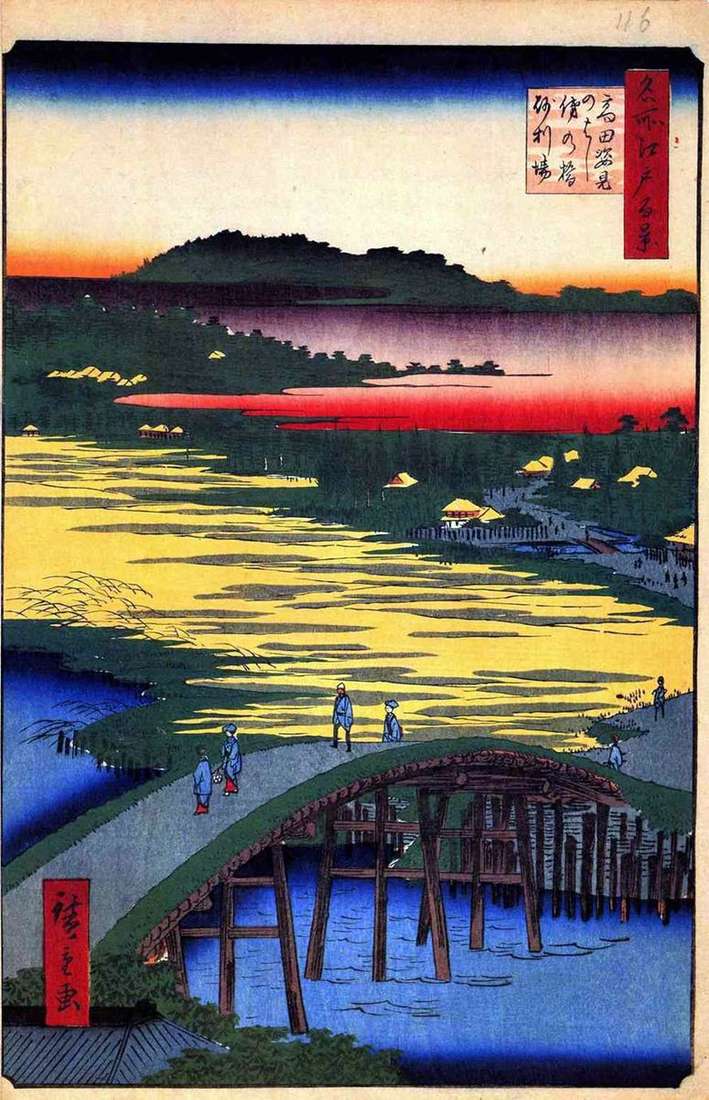 Описание картины Мост Сугатамихаси, мост Омо кагэхаси и селение Дзяриба   Утагава Хиросигэ