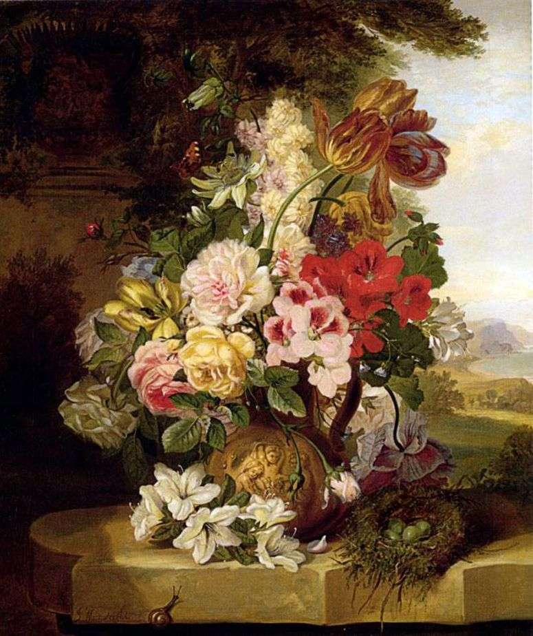 Описание картины Натюрморт из тюльпанов, роз, других цветов и бабочки   Джон Вейнрайт