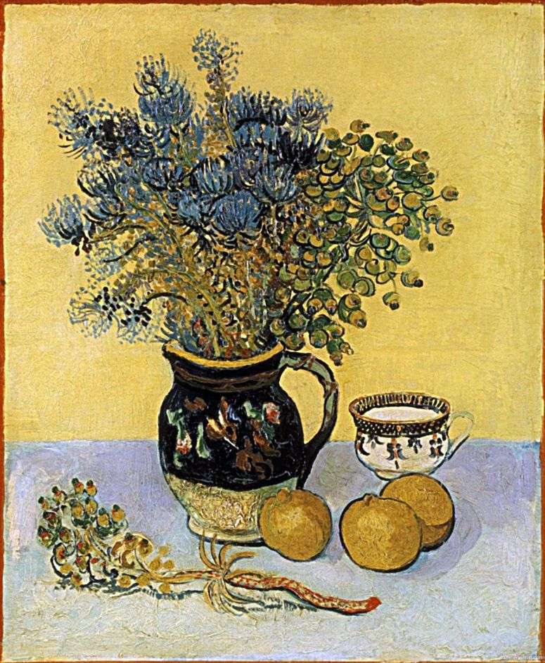 Описание картины Натюрморт: кувшин в стиле Майолика с полевыми цветами   Винсент Ван Гог
