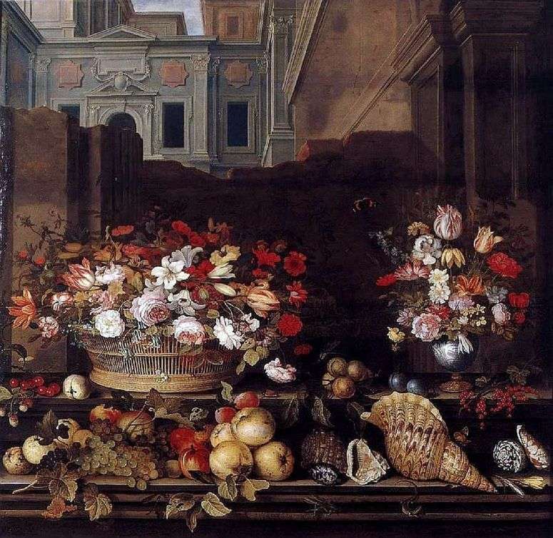 Описание картины Натюрморт с цветами, фруктами, и раковинами   Бальтазар ван дер Аст