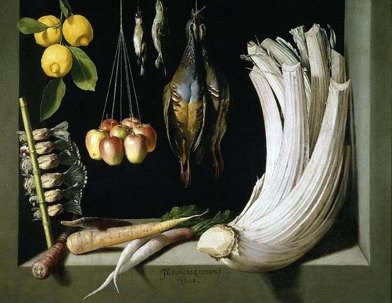 Описание картины Натюрморт с дичью   овощами и лимонами, Санчес Хуан Котан