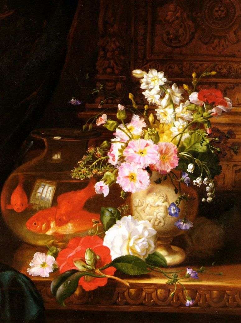 Описание картины Натюрморт с камелиями, первоцветами, лилией и аквариумом с золотыми рыбками   Джон Уэйнрайт