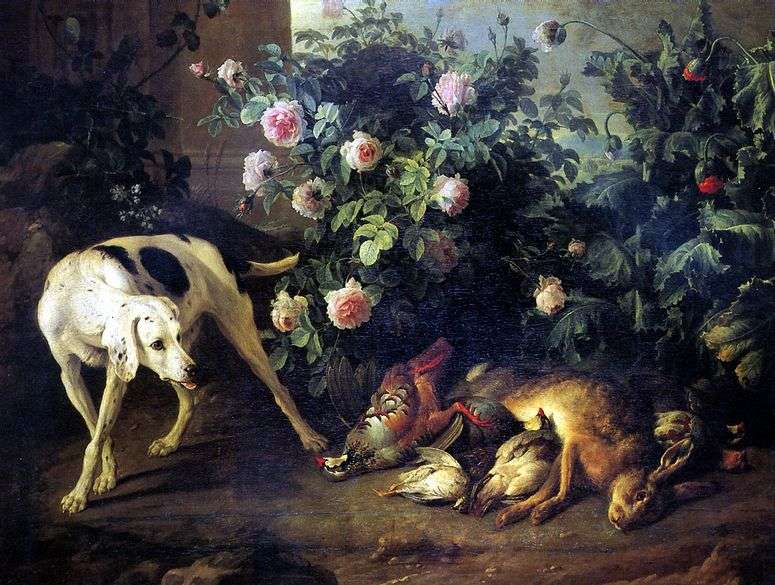 Описание картины Натюрморт с собакой и битой дичью у розового куста   Франсуа Депорт