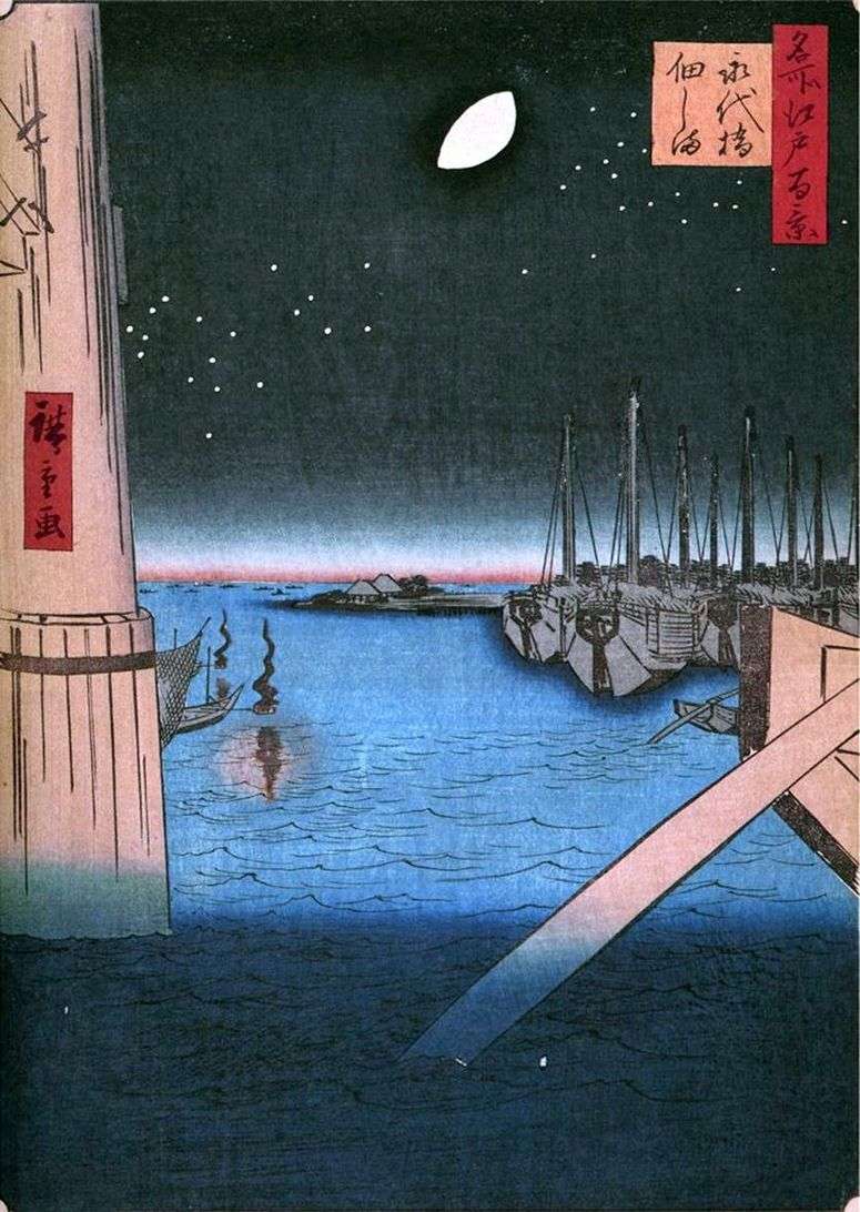 Описание картины Остров Цукудадзима от моста Эитайбаси   Утагава Хиросигэ