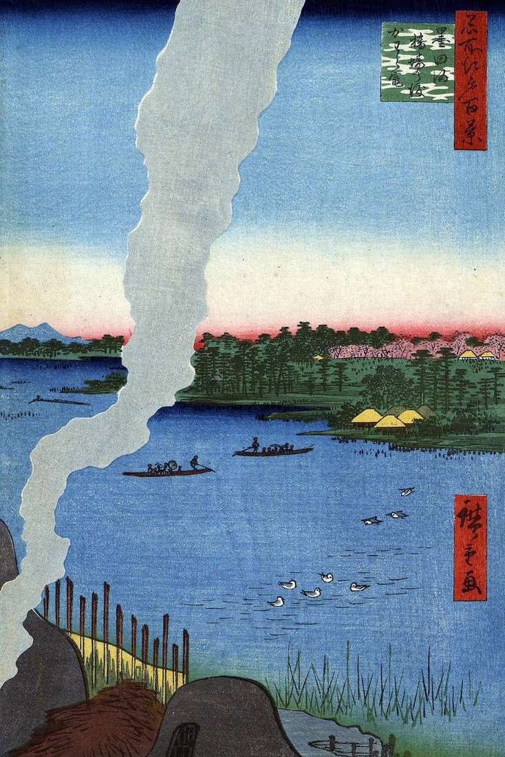 Описание картины Печи для обжига у переправы Хасиба но ватаси на реке Сумидагава   Утагава Хиросигэ