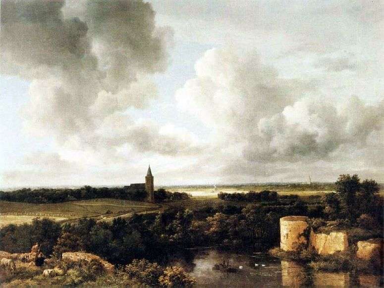 Описание картины Пейзаж с руинами замка и церковью   Якоб ван Рейсдал