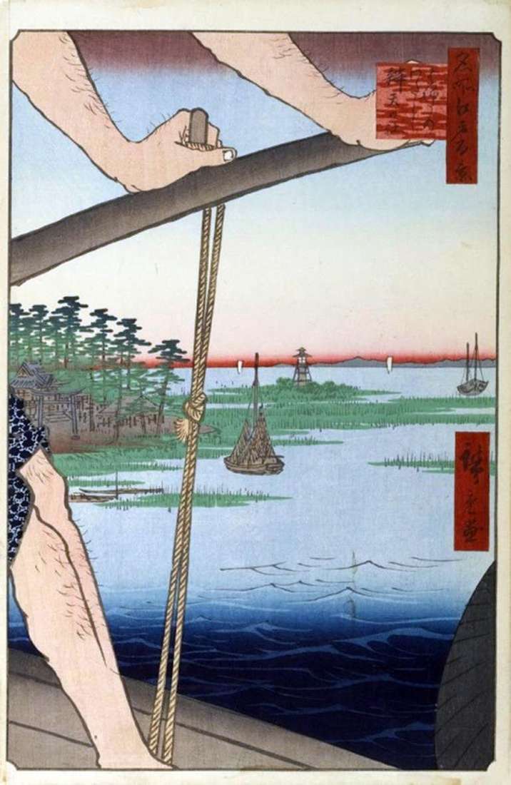 Описание картины Переправа Ханэда, святилище Бэнтэн   Утагава Хиросигэ