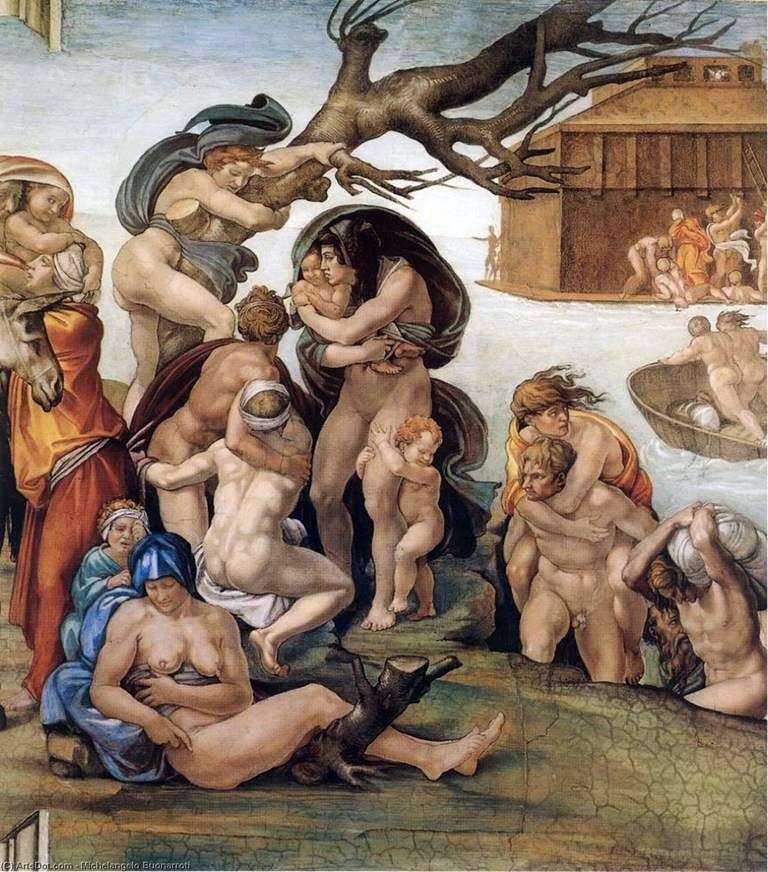 Описание картины Потоп, фрагмент росписи Сикстинской капеллы (фреска)   Микеланджело Буонарроти