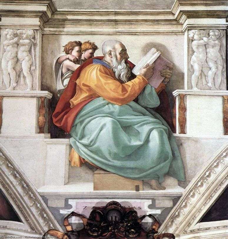 Описание картины Пророк Захария, отец Иоанна Крестителя (фреска)   Микеланджело Буонарроти