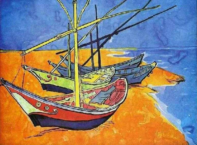 Описание картины Рыбачьи лодки на пляже от Сент Мари (акварель)   Винсент Ван Гог