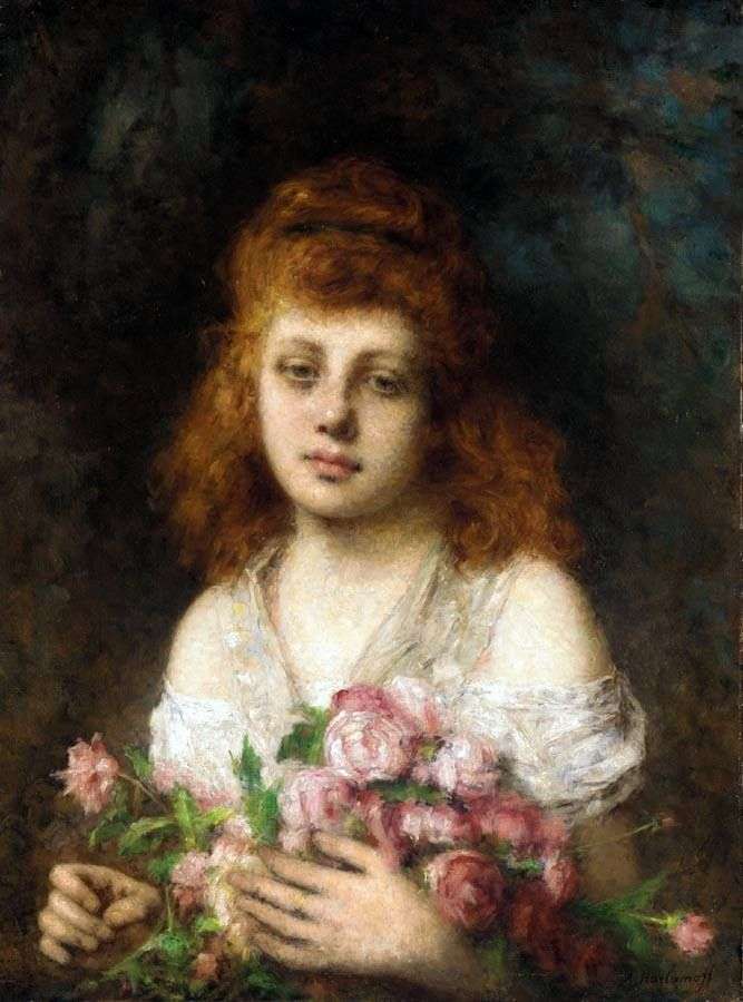 Описание картины Рыжеволосая девушка с букетом роз   Алексей Харламов