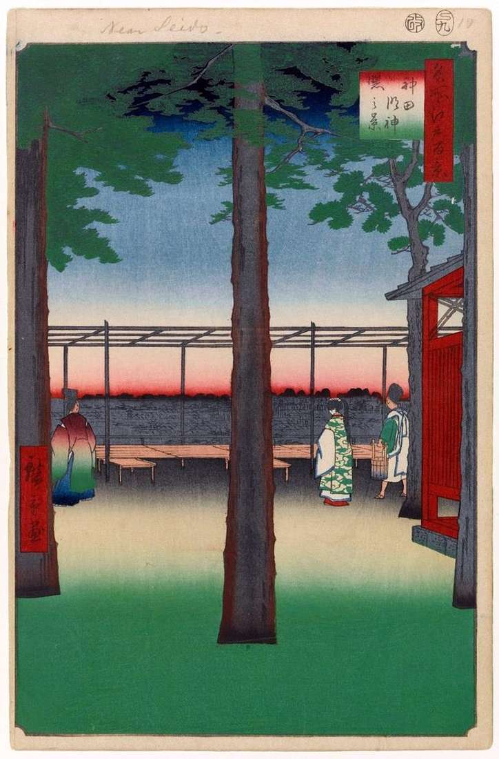 Описание картины Святилище Канда медзин на рассвете   Утагава Хиросигэ
