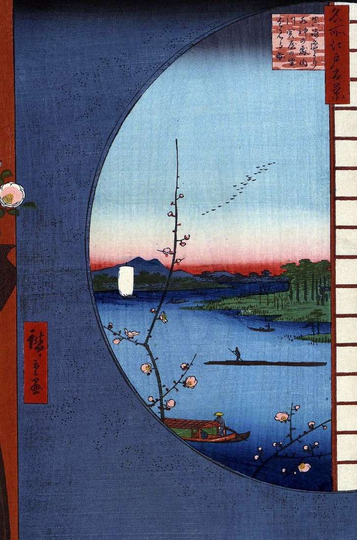Описание картины Святилище Массаки на реке Утигава, деревня Сэкия но сато и святилище Суйлзин но мори