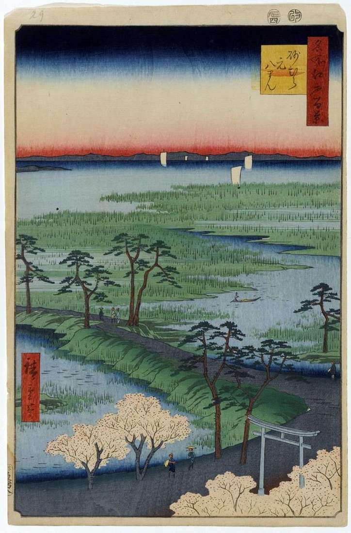 Описание картины Святилище Мотохатиман в Сунамура   Утагава Хиросигэ