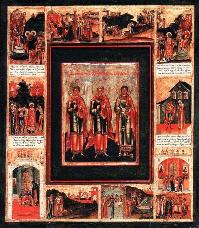 Описание картины Святые проповедники Гурий, Самон и Авив, в раме с житием в 10 клеймах
