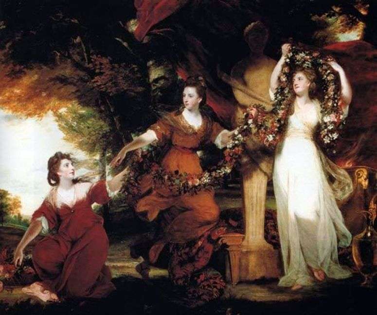 Описание картины Три сестры Монтгомери в виде граций, украшающих цветами изваяние Гименея   Джошуа Рейнолдс